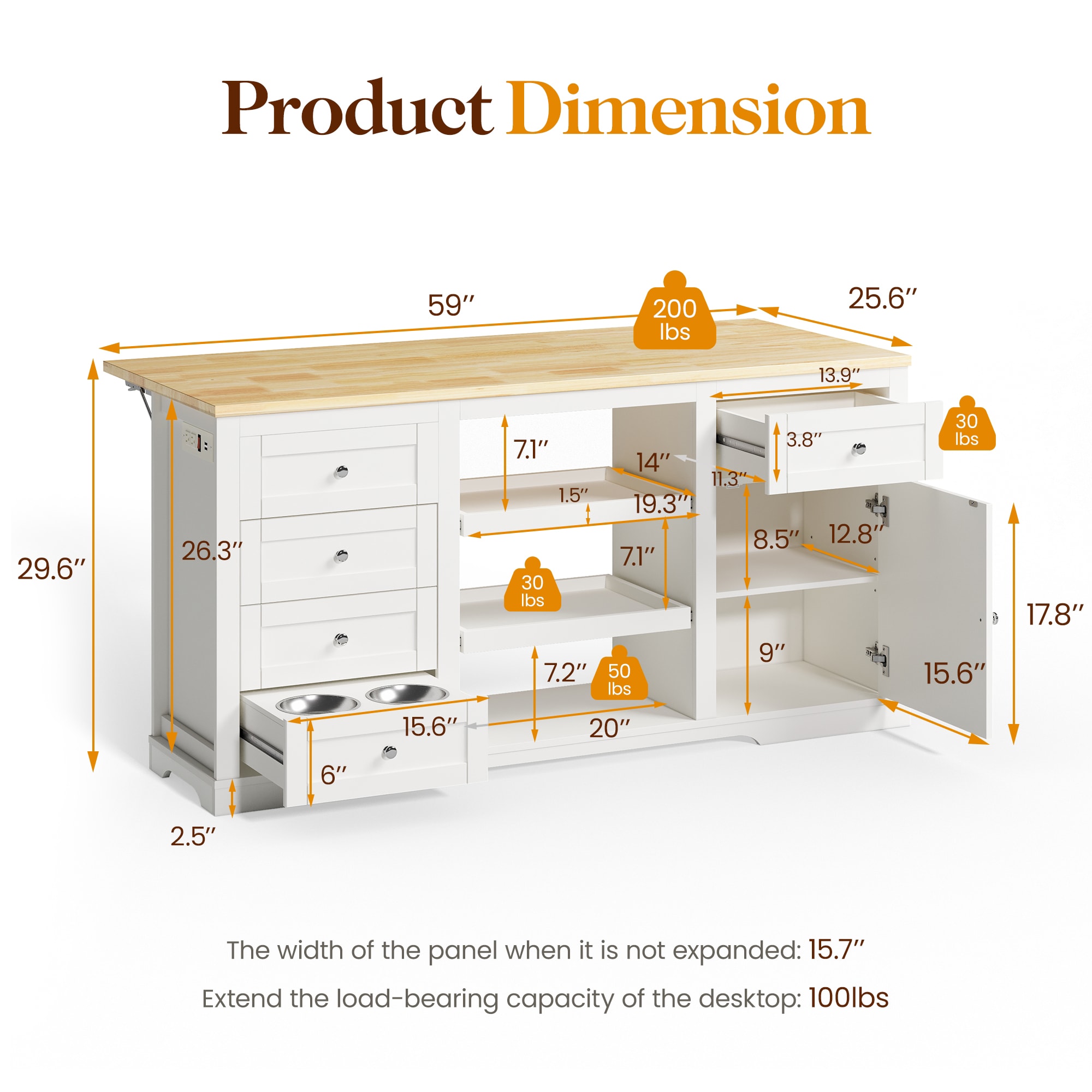 Kitchen Island With Storage Drop Leaf And Power Outlet White_voghion.com